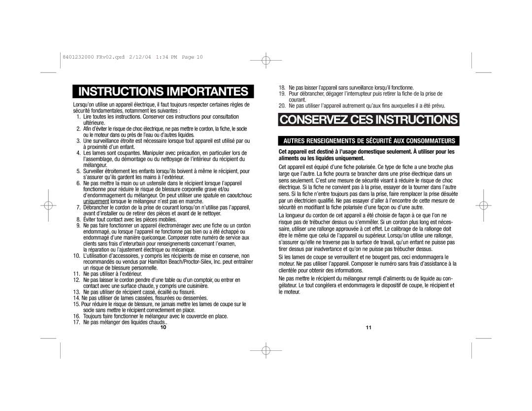 Hamilton Beach 51101 manual Instructions Importantes 