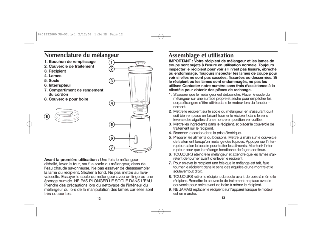 Hamilton Beach 51101 manual Nomenclature du mélangeur, Assemblage et utilisation 