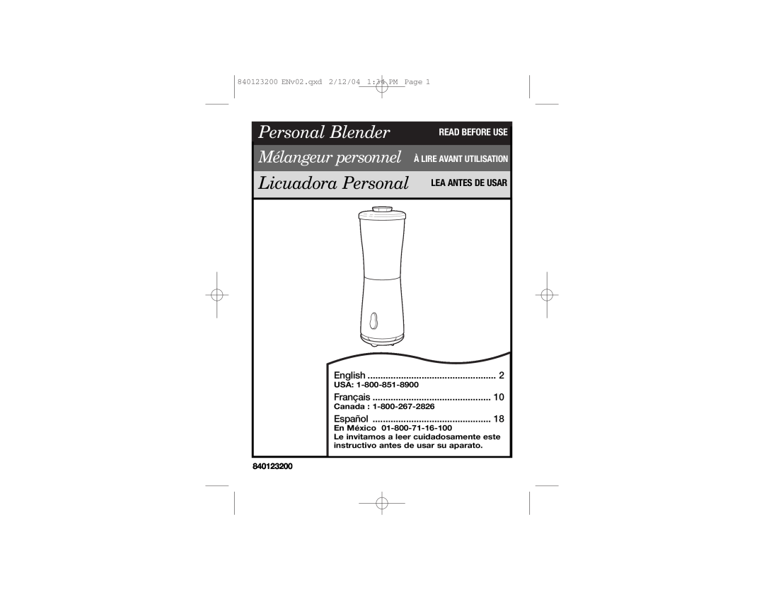 Hamilton Beach 51101 manual Read Before Use Àlire Avant Utilisation, Lea Antes De Usar, Personal Blender, Canada, Español 