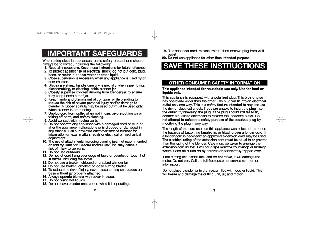Hamilton Beach 51101 manual Other Consumer Safety Information, Important Safeguards, Save These Instructions 