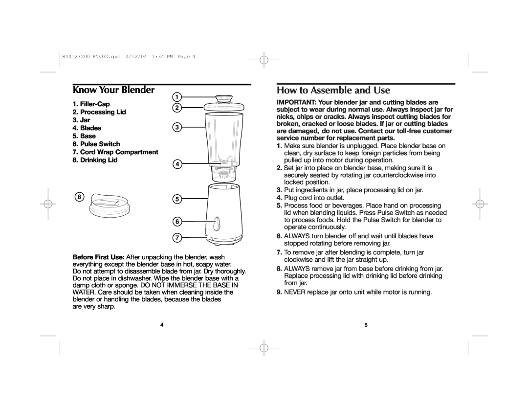 Hamilton Beach 51101 manual Know Your Blender, How to Assemble and Use, Filler-Cap 2. Processing Lid 3. Jar 4. Blades 