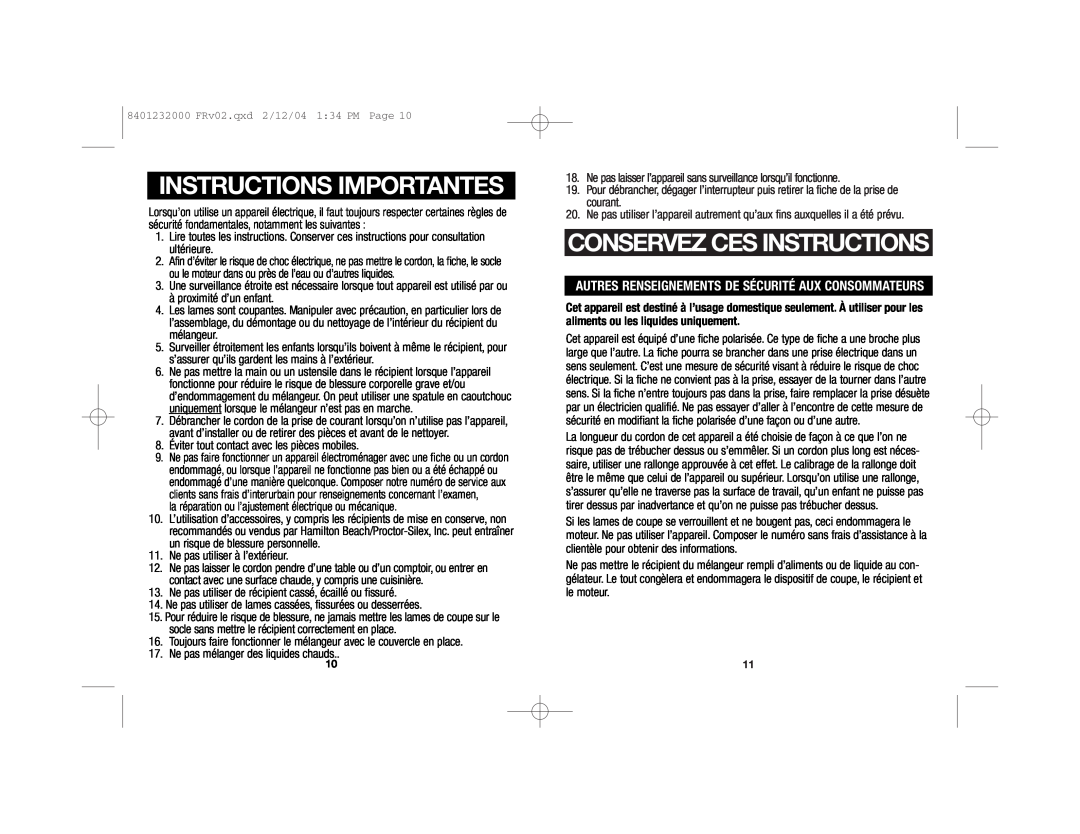 Hamilton Beach 51101 manual Instructions Importantes, Conservez Ces Instructions 