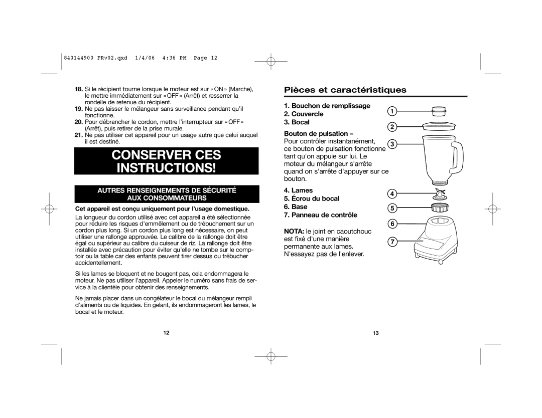 Hamilton Beach 52230C manual Pièces et caractéristiques, Cet appareil est conçu uniquement pour l’usage domestique 