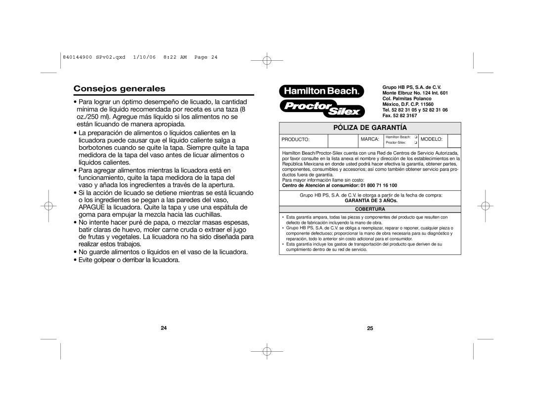 Hamilton Beach 52230C manual Consejos generales, Póliza De Garantía 