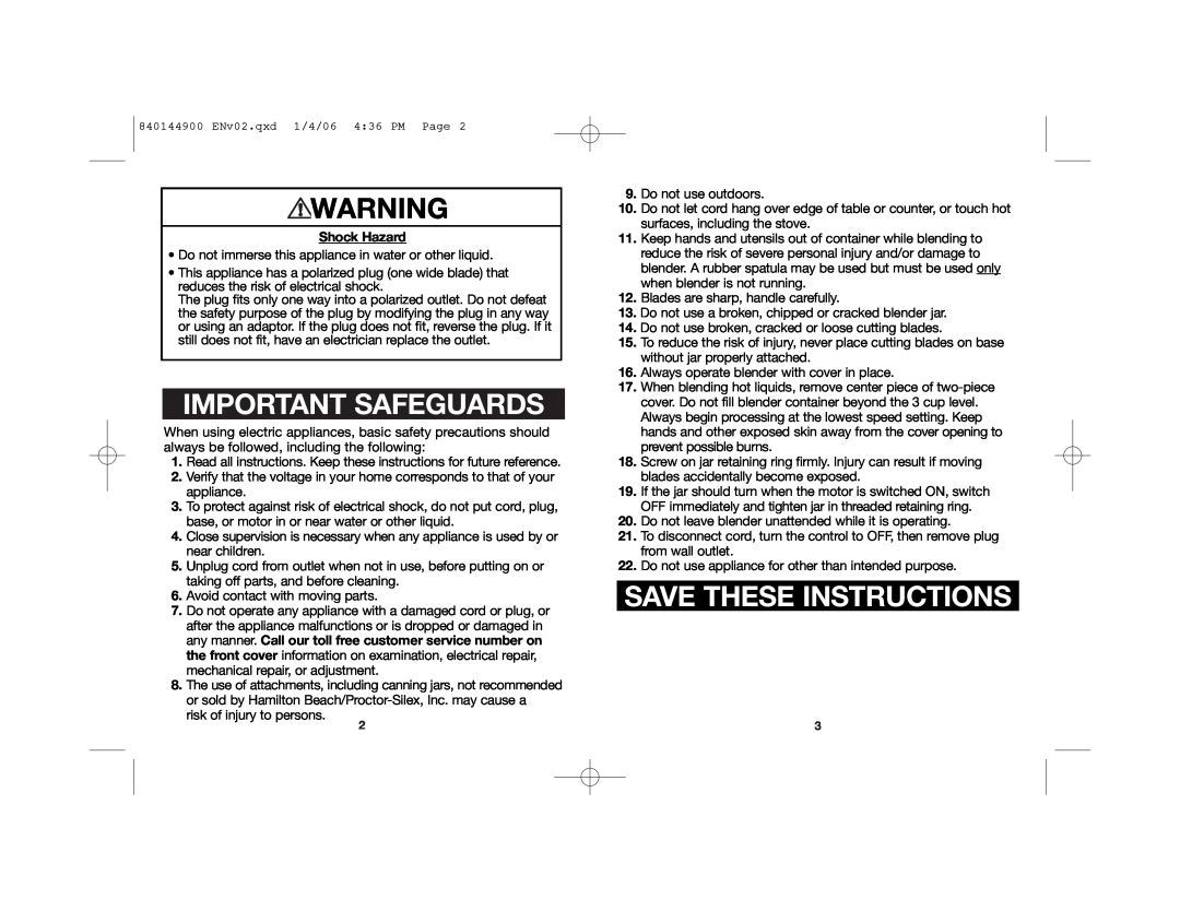 Hamilton Beach 52230C manual Important Safeguards, Save These Instructions, Shock Hazard 