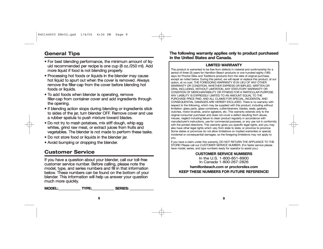 Hamilton Beach 52230C manual General Tips, Customer Service, In the U.S In Canada 