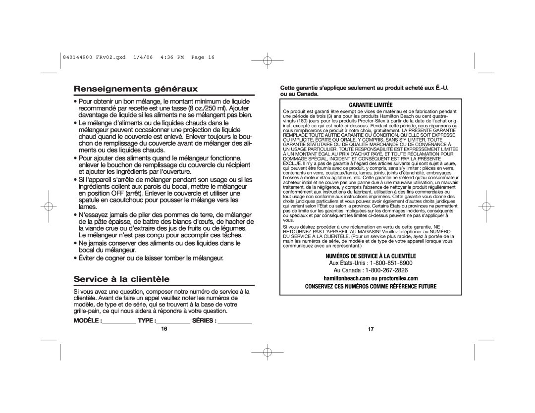 Hamilton Beach 52230C manual Renseignements généraux, Service à la clientèle, Aux États-Unis Au Canada 