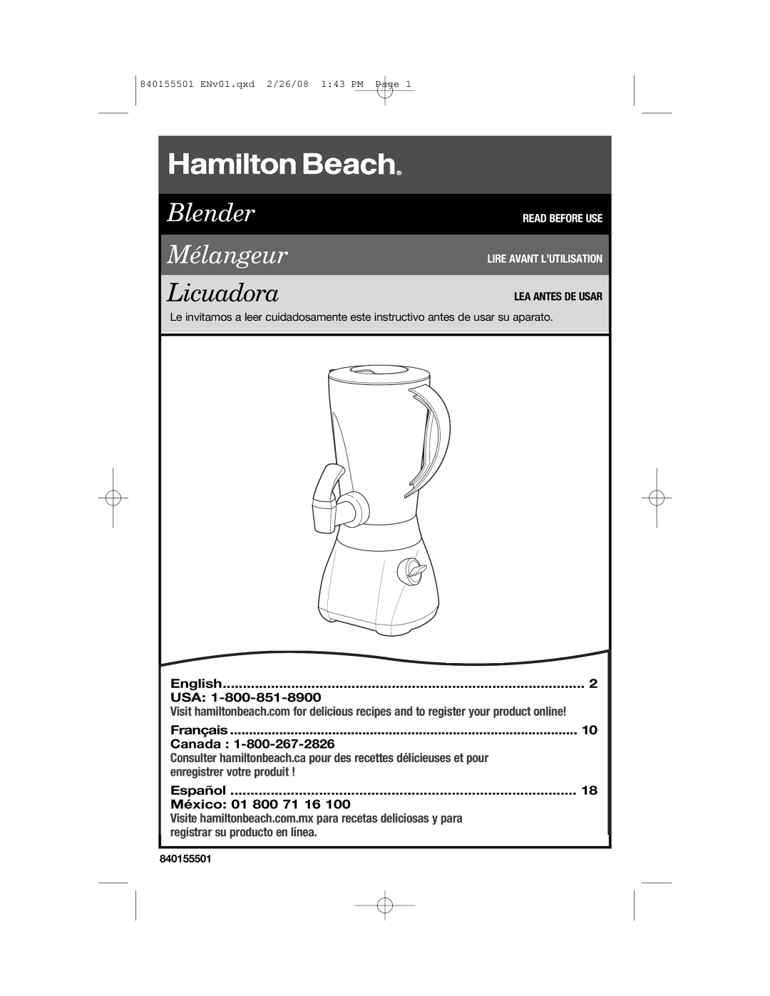 Hamilton Beach 54616C manual Blender Mélangeur 