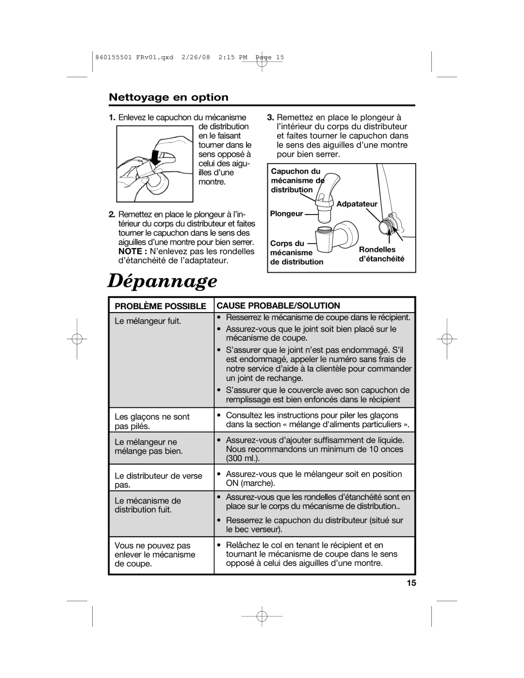 Hamilton Beach 54616C manual Nettoyage en option, Problème Possible Cause PROBABLE/SOLUTION 