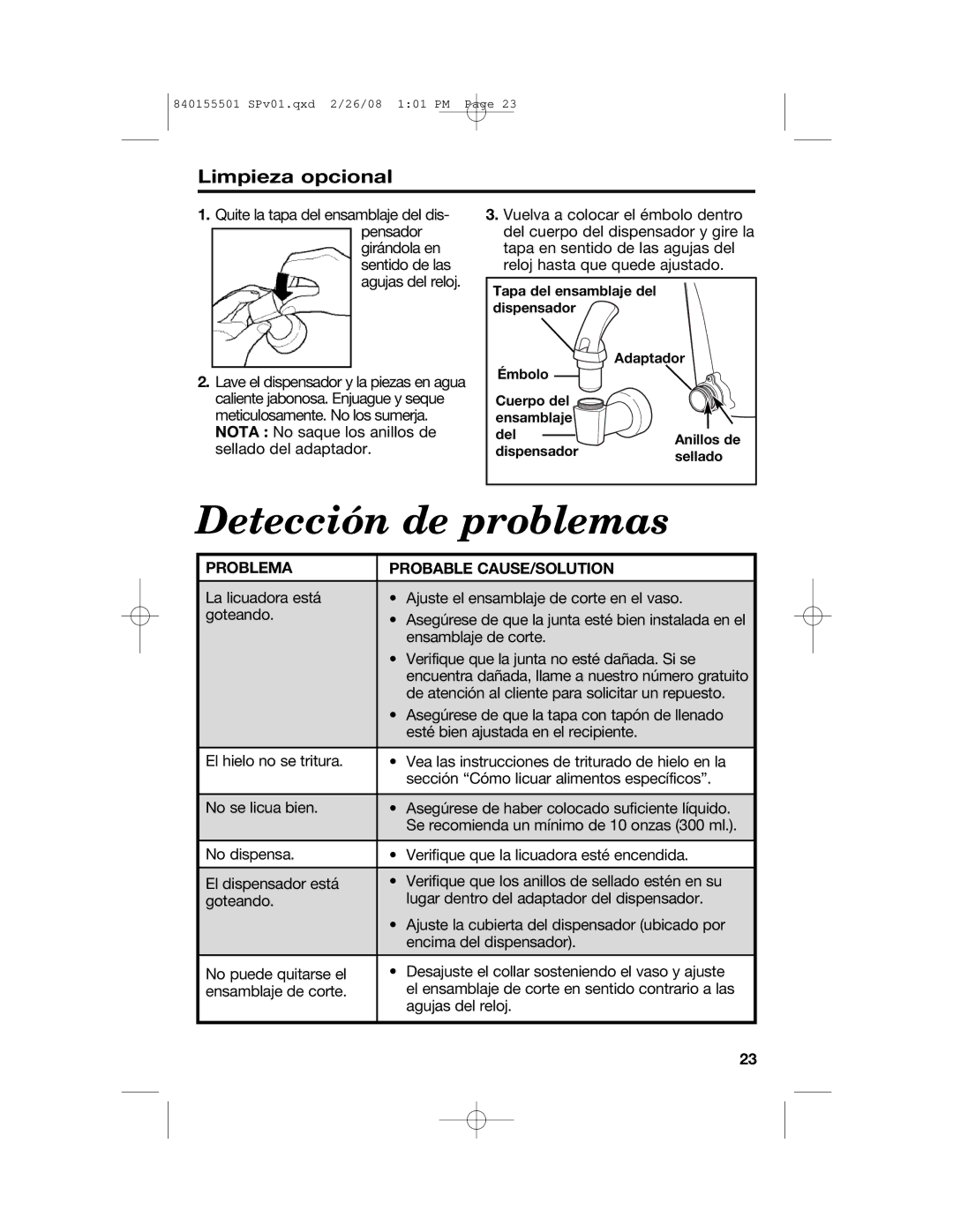 Hamilton Beach 54616C manual Limpieza opcional, Problema Probable CAUSE/SOLUTION 