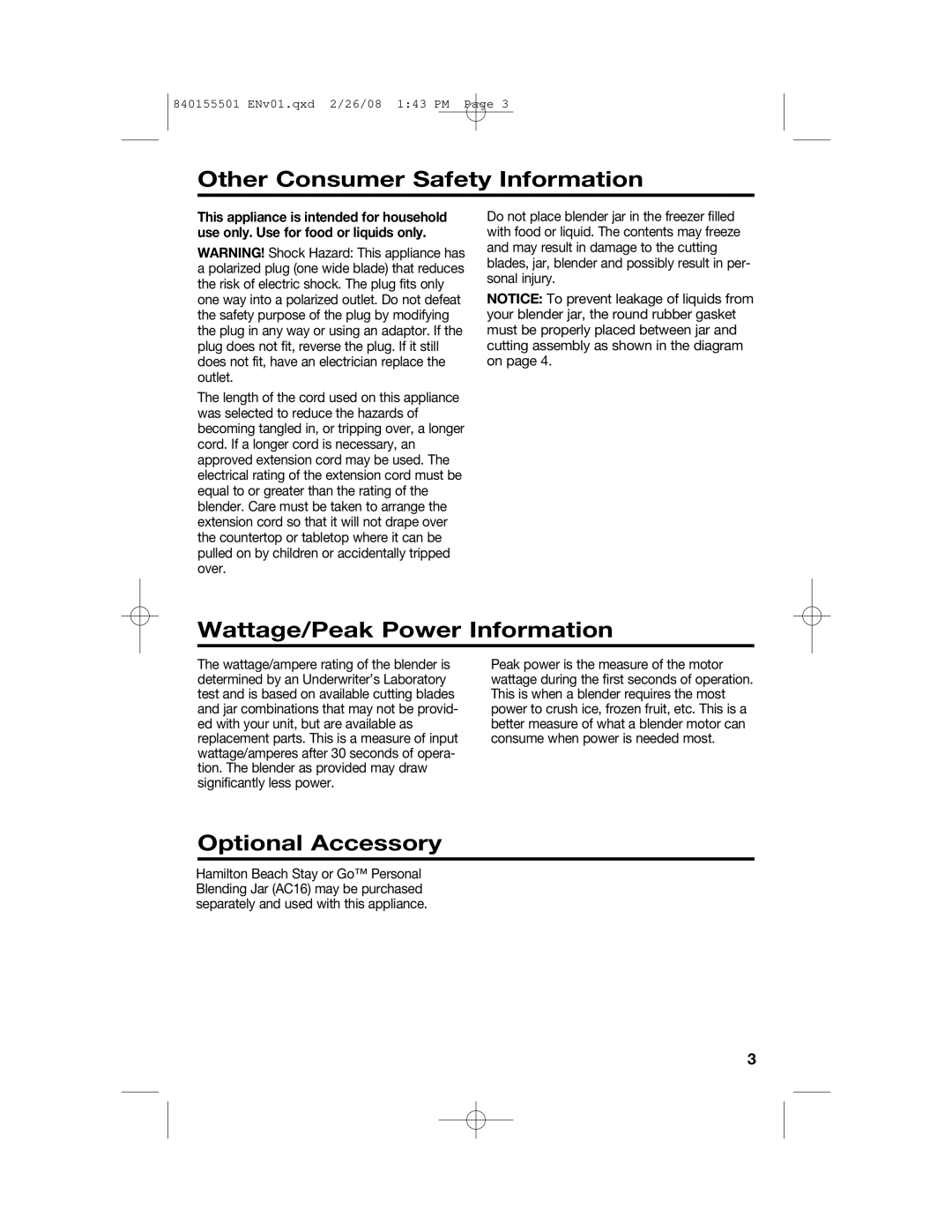 Hamilton Beach 54616C manual Other Consumer Safety Information 