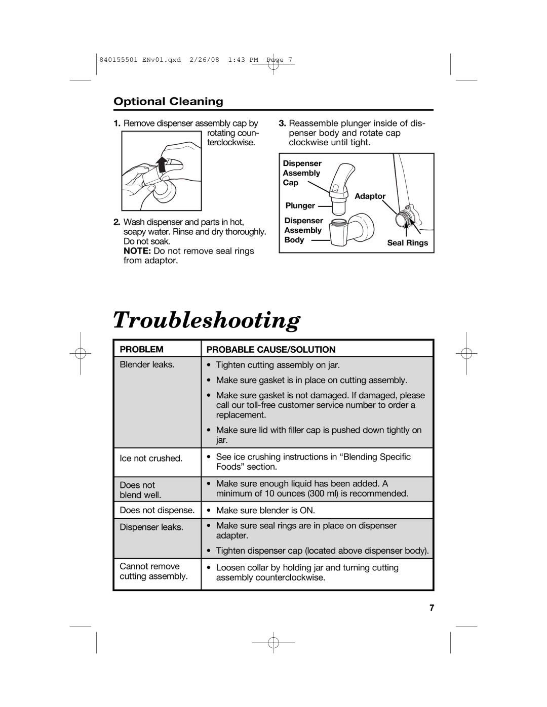 Hamilton Beach 54616C manual Optional Cleaning, Problem Probable CAUSE/SOLUTION 