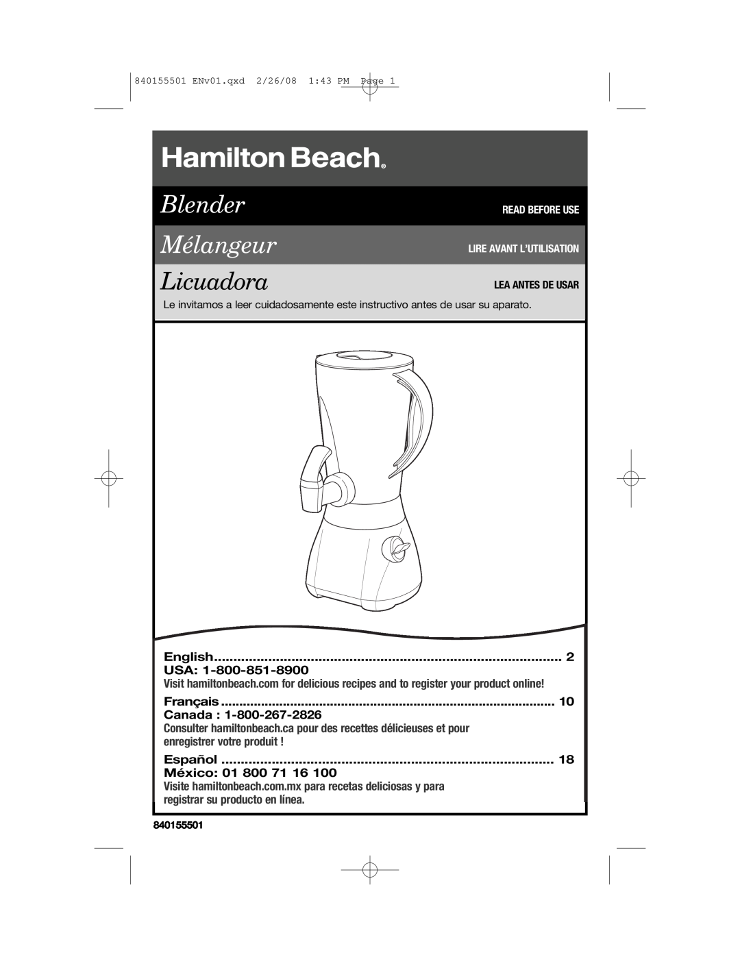 Hamilton Beach 54616C manual English, Français, Canada, Español, México 01, Blender Mélangeur, Licuadora, 840155501 