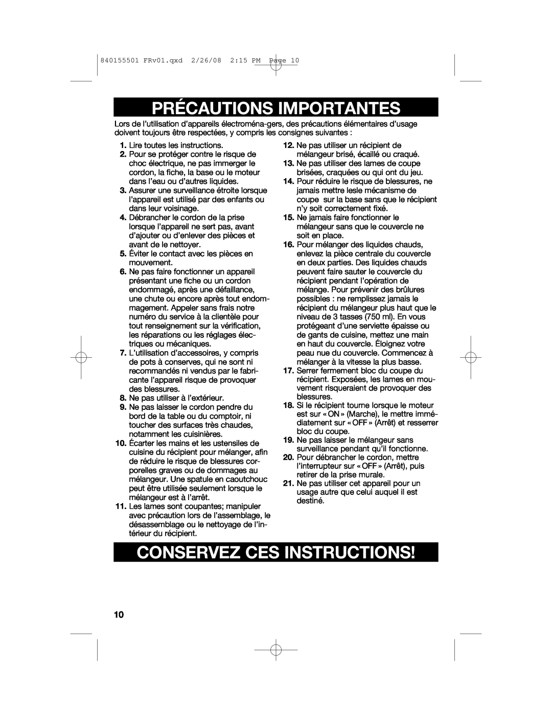 Hamilton Beach 54616C manual Précautions Importantes, Conservez Ces Instructions 