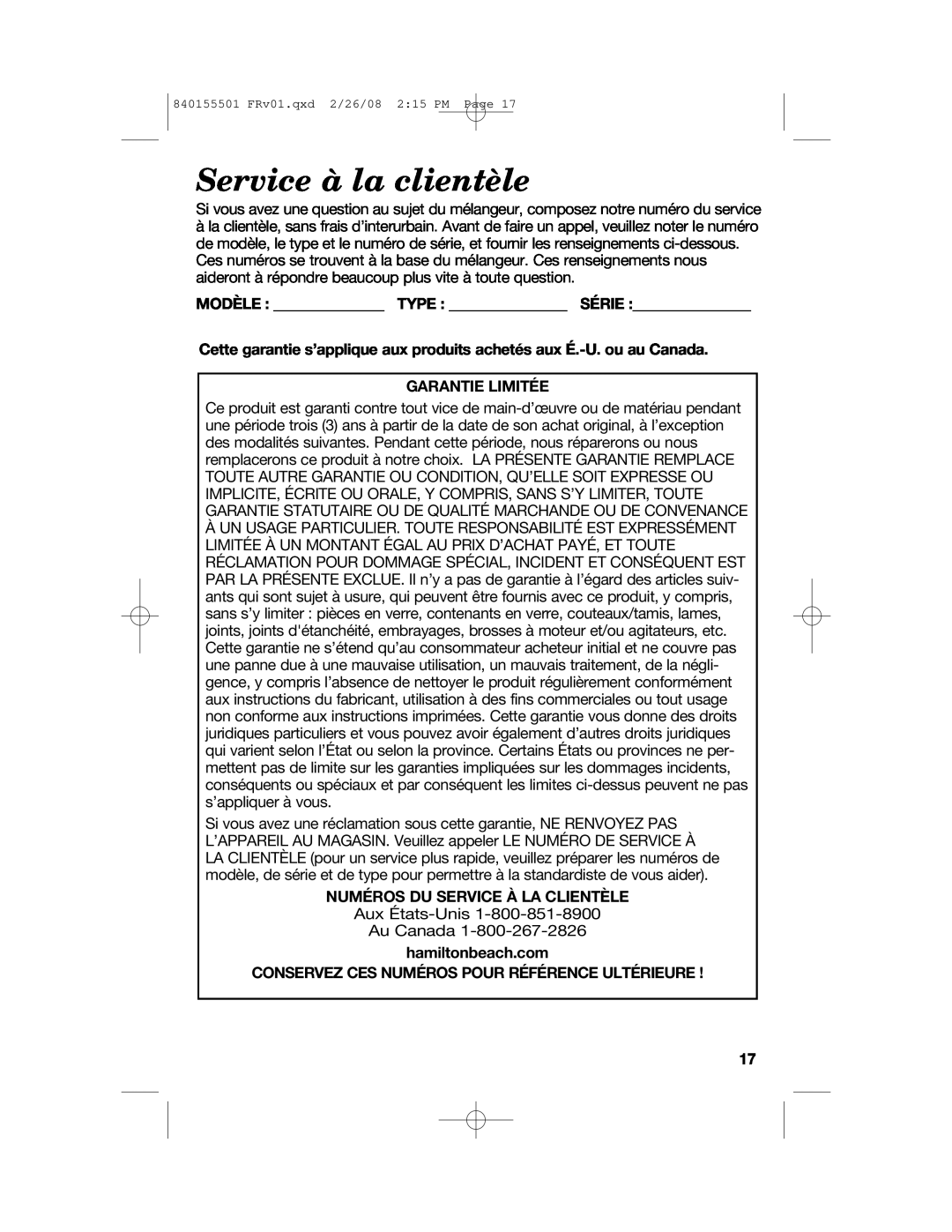 Hamilton Beach 54616C manual Service à la clientèle, Modèle Type Série, Garantie Limitée, Numéros Du Service À La Clientèle 