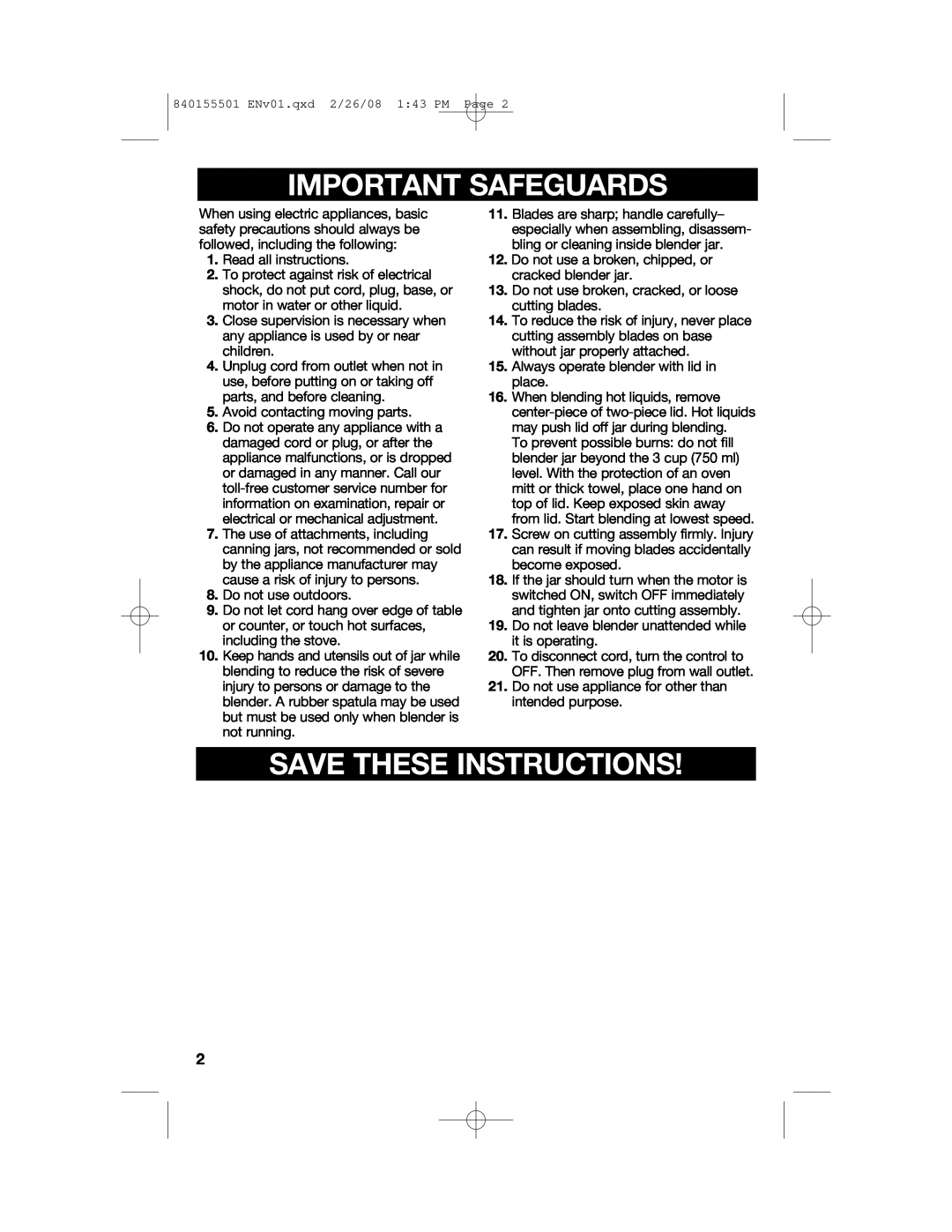 Hamilton Beach 54616C manual Important Safeguards, Save These Instructions 