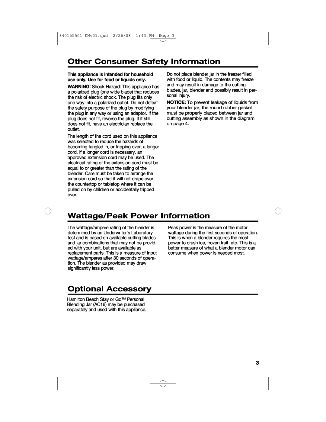 Hamilton Beach 54616C manual Other Consumer Safety Information, Wattage/Peak Power Information, Optional Accessory 