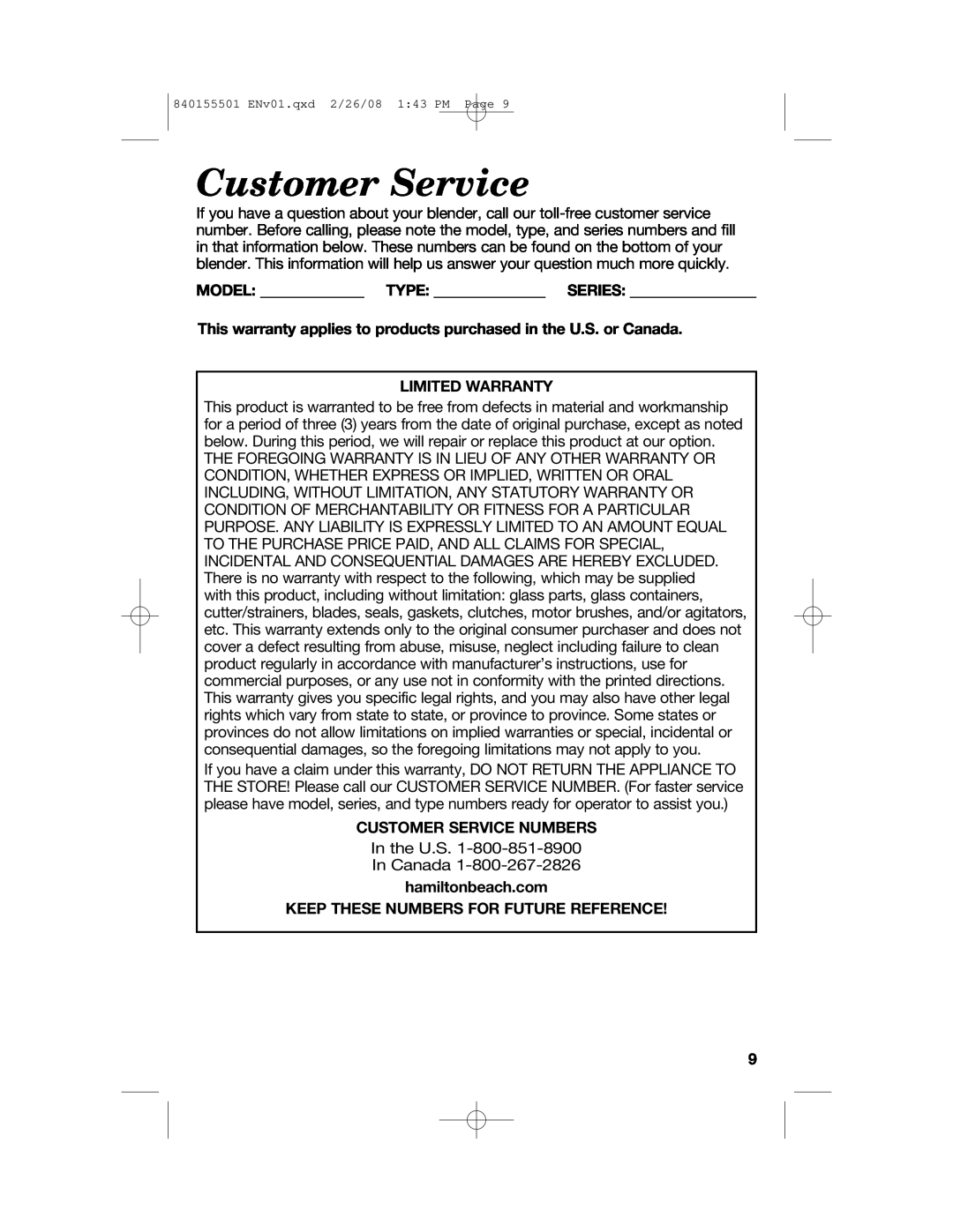 Hamilton Beach 54616C manual Model Type Series, Limited Warranty, Customer Service Numbers 
