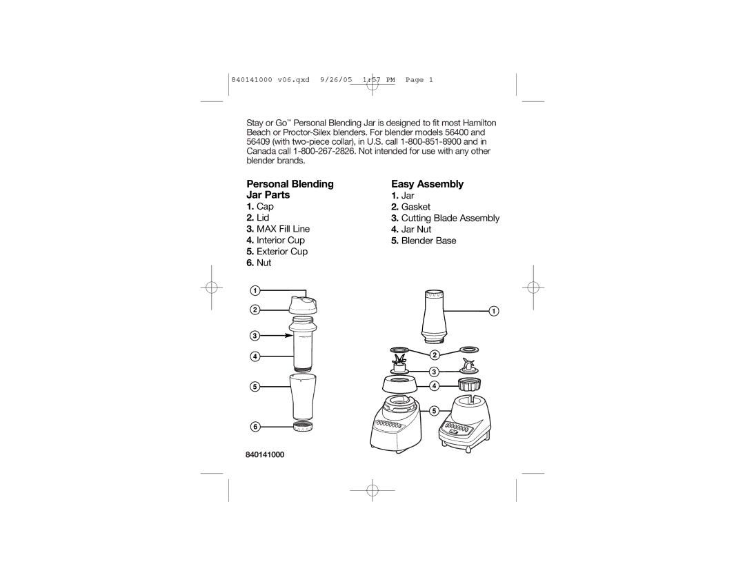 Hamilton Beach 56409 manual Personal Blending Easy Assembly Jar Parts 