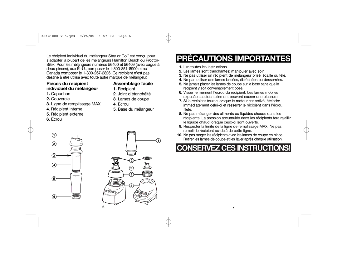 Hamilton Beach 56409 manual Précautions Importantes, Conservez CES Instructions 