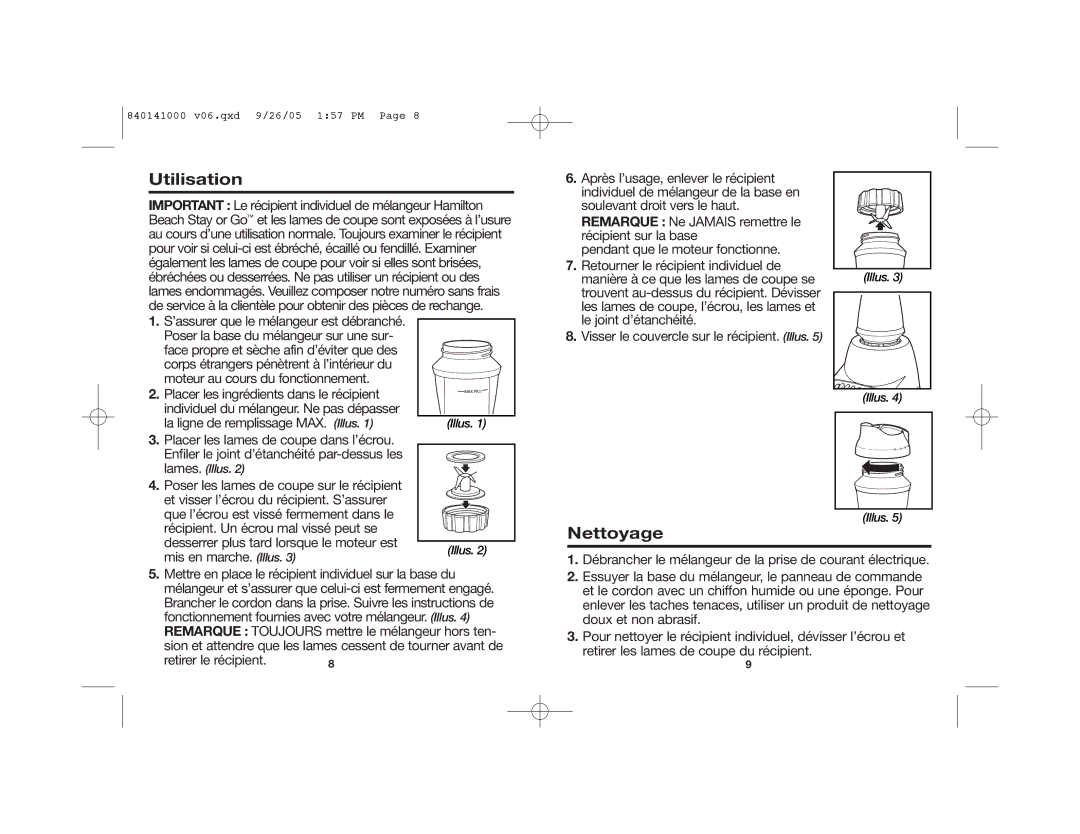 Hamilton Beach 56409 manual Utilisation, Nettoyage 