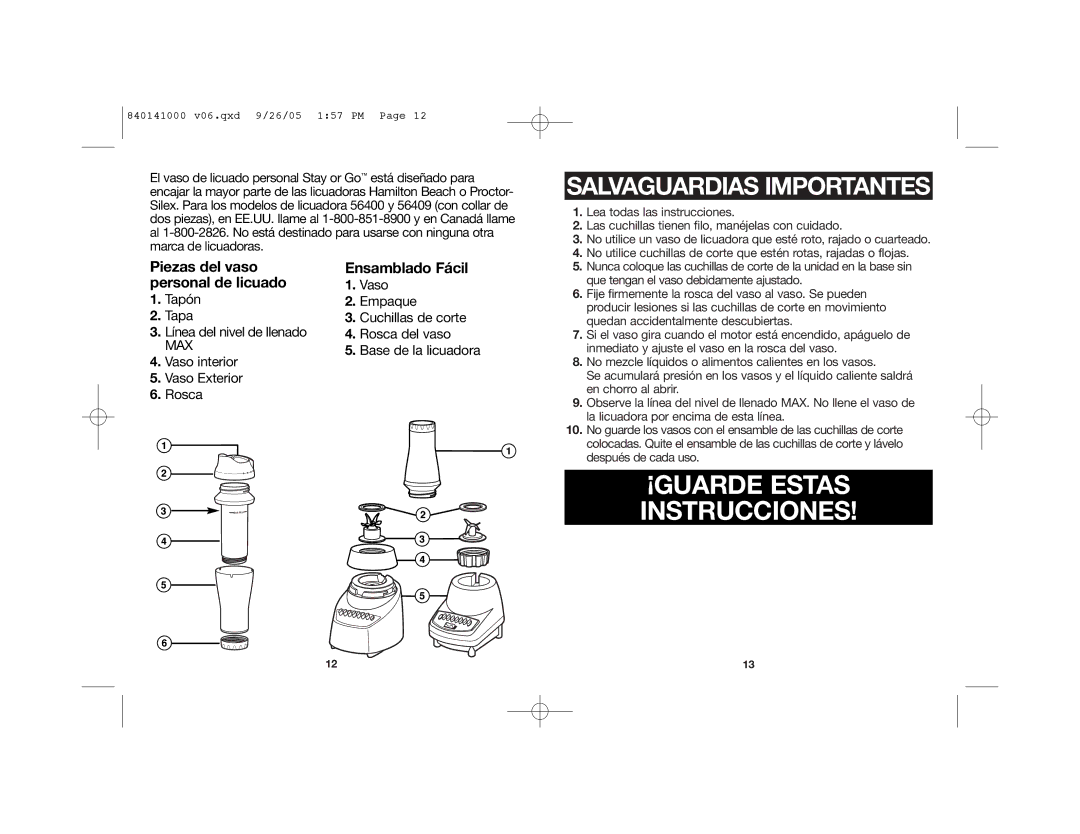 Hamilton Beach 56409 manual ¡GUARDE Estas Instrucciones, Piezas del vaso Ensamblado Fácil Personal de licuado 