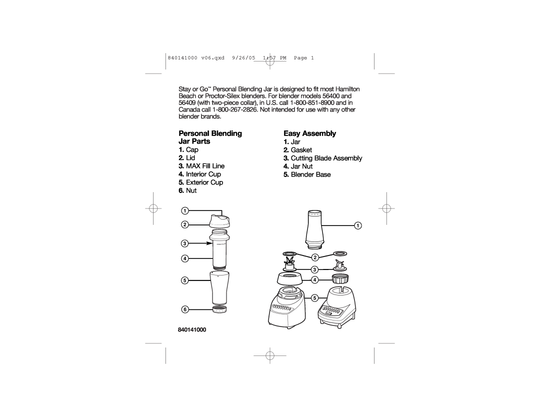 Hamilton Beach 56409 manual Personal Blending, Easy Assembly, Jar Parts 