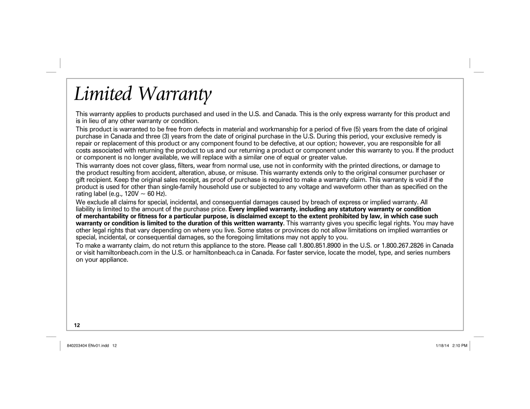 Hamilton Beach 58148 manual Limited Warranty 