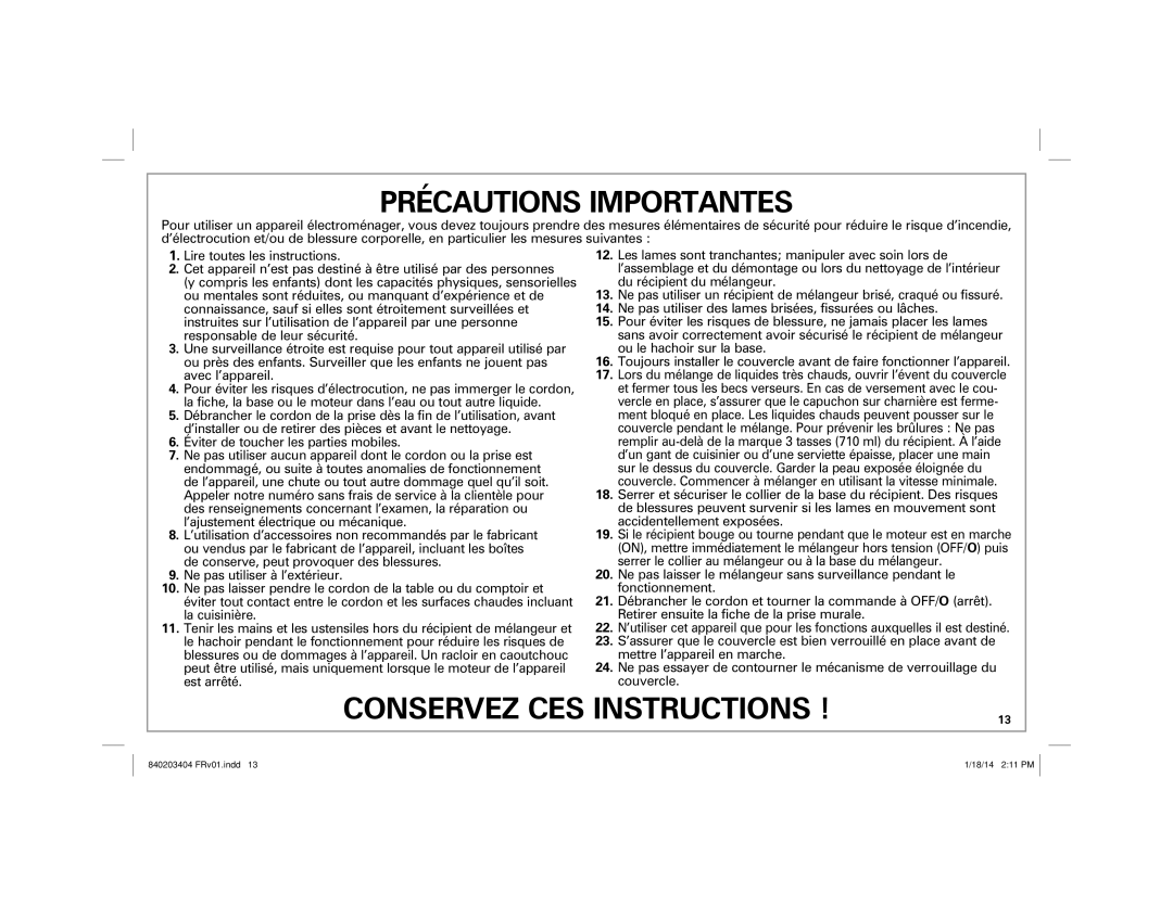 Hamilton Beach 58148 manual Précautions Importantes 