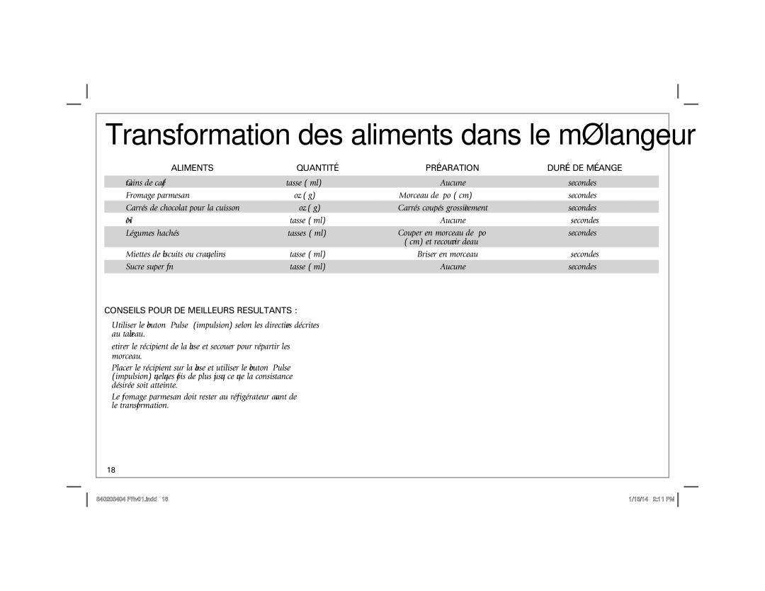 Hamilton Beach 58148 manual Transformation des aliments dans le mélangeur, Aliments Quantité, Durée DE Mélange 