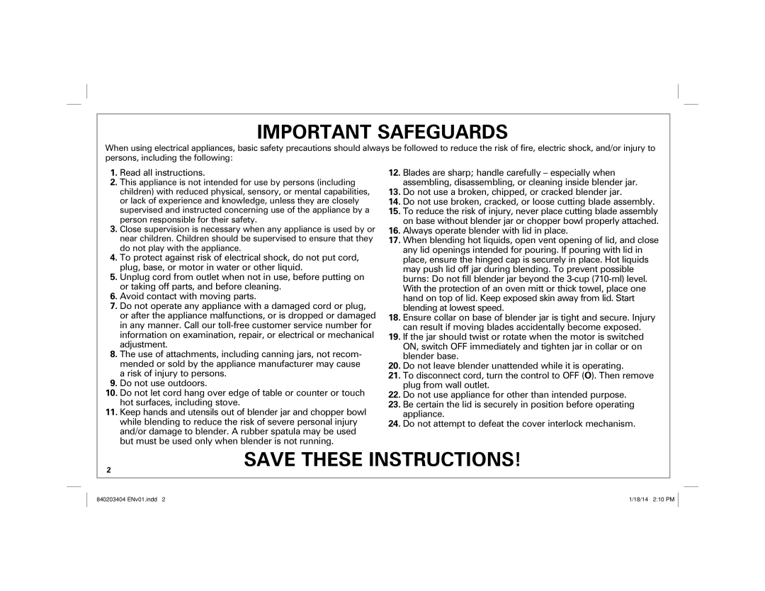 Hamilton Beach 58148 manual Important Safeguards 