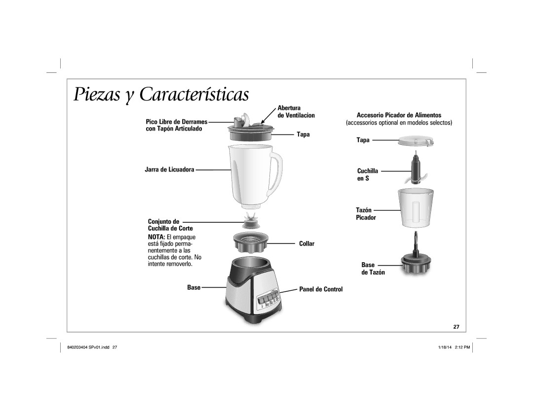 Hamilton Beach 58148 manual Piezas, Jarra de Licuadora Conjunto de Cuchilla de Corte 