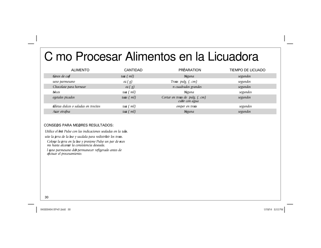 Hamilton Beach 58148 manual Cómo Procesar Alimentos en la Licuadora, Alimento Cantidad, Tiempo DE Licuado 