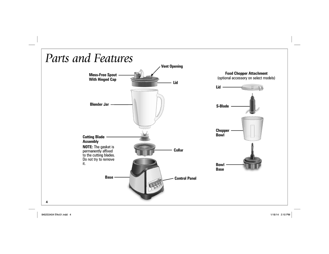 Hamilton Beach 58148 manual Parts and Features 