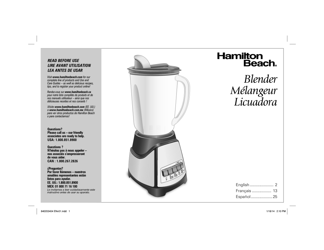 Hamilton Beach 58148, 840203403 manual Blender, Mélangeur, Licuadora, English, Français, Español, 3/9/12, 5 16 PM, Page 
