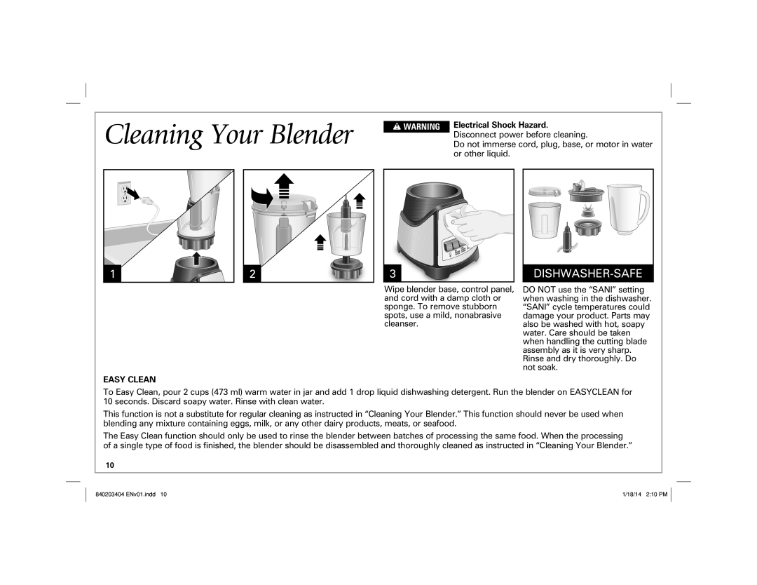 Hamilton Beach 58148 manual Cleaning Your Blender, Dishwasher-Safe, w WARNING 