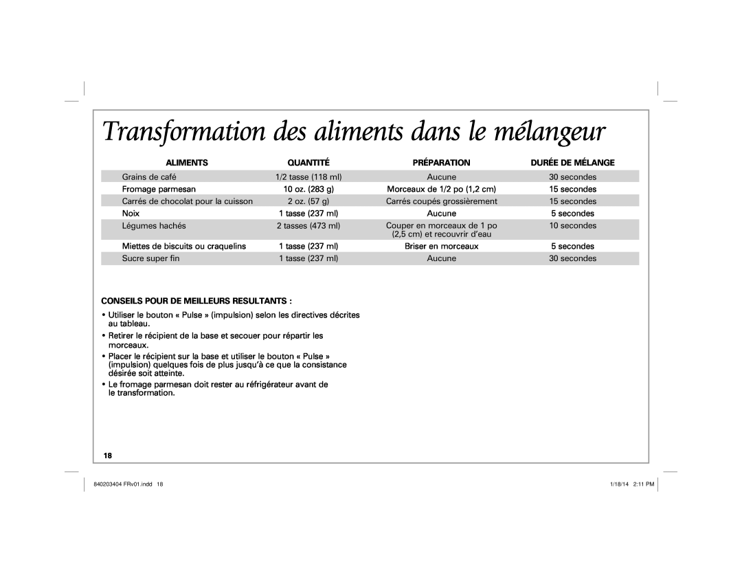 Hamilton Beach 58148 manual Transformation des aliments dans le mélangeur, Aliments, Quantité, Durée De Mélange 