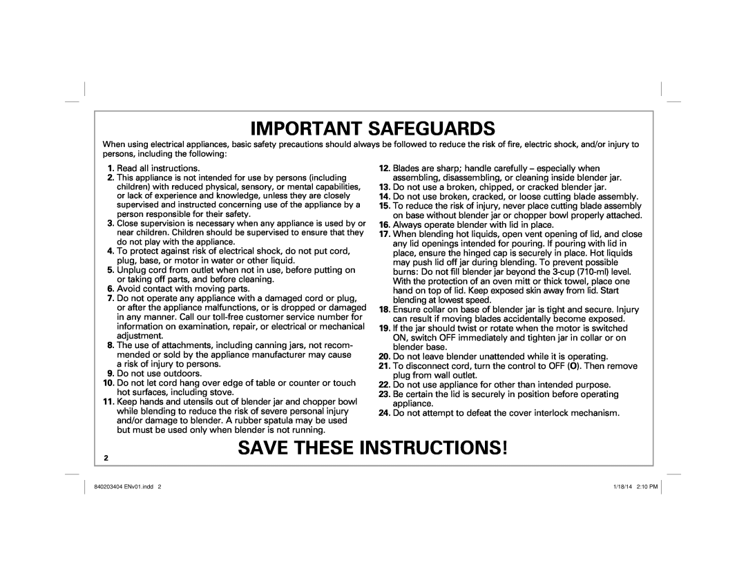 Hamilton Beach 58148 manual Important Safeguards, Save These Instructions 
