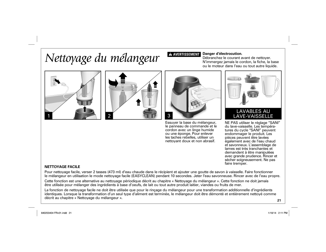 Hamilton Beach 58148 manual Nettoyage du mélangeur, w AVERTISSEMENT, Nettoyage Facile 