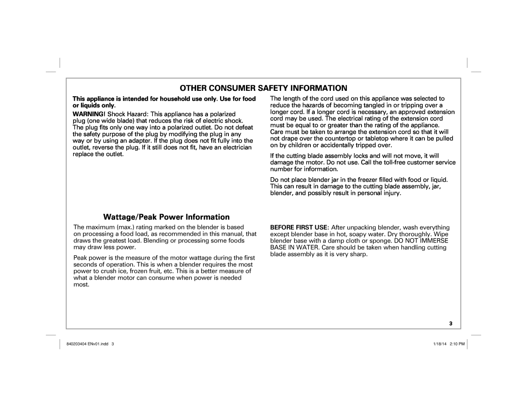 Hamilton Beach 58148 manual Other Consumer Safety Information, Wattage/Peak Power Information 