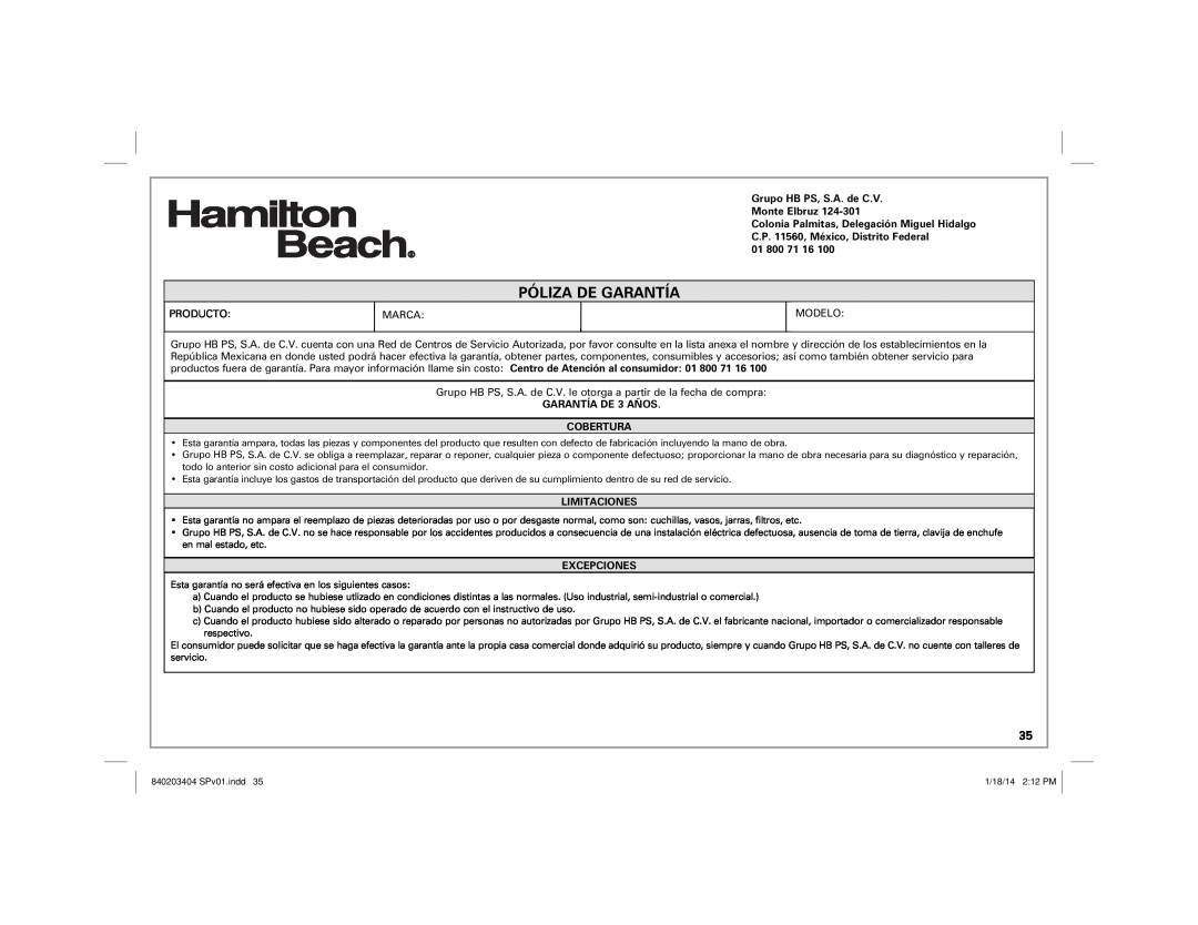 Hamilton Beach 58148 manual Grupo HB PS, S.A. de C.V. Monte Elbruz, 01 800 71, GARANTÍA DE 3 AÑOS COBERTURA, Limitaciones 