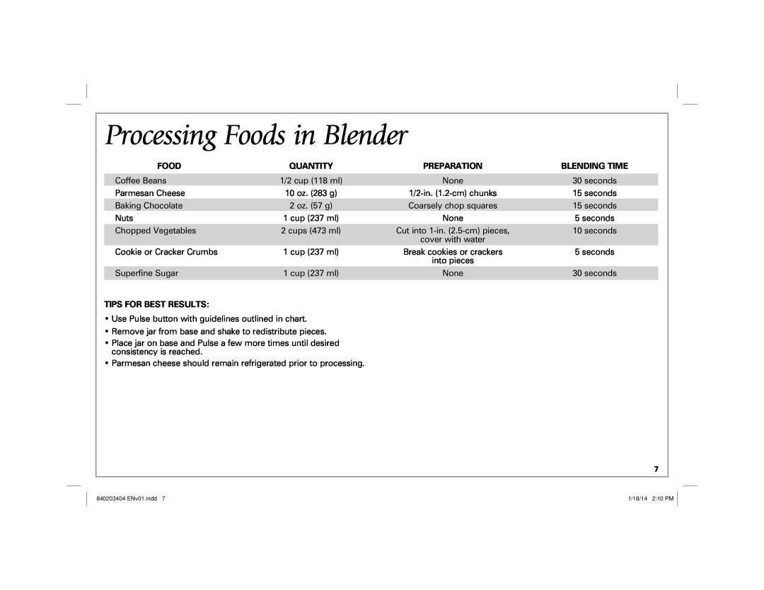 Hamilton Beach 58148 manual Processing Foods in Blender, Quantity, Preparation, Blending Time, Tips For Best Results 