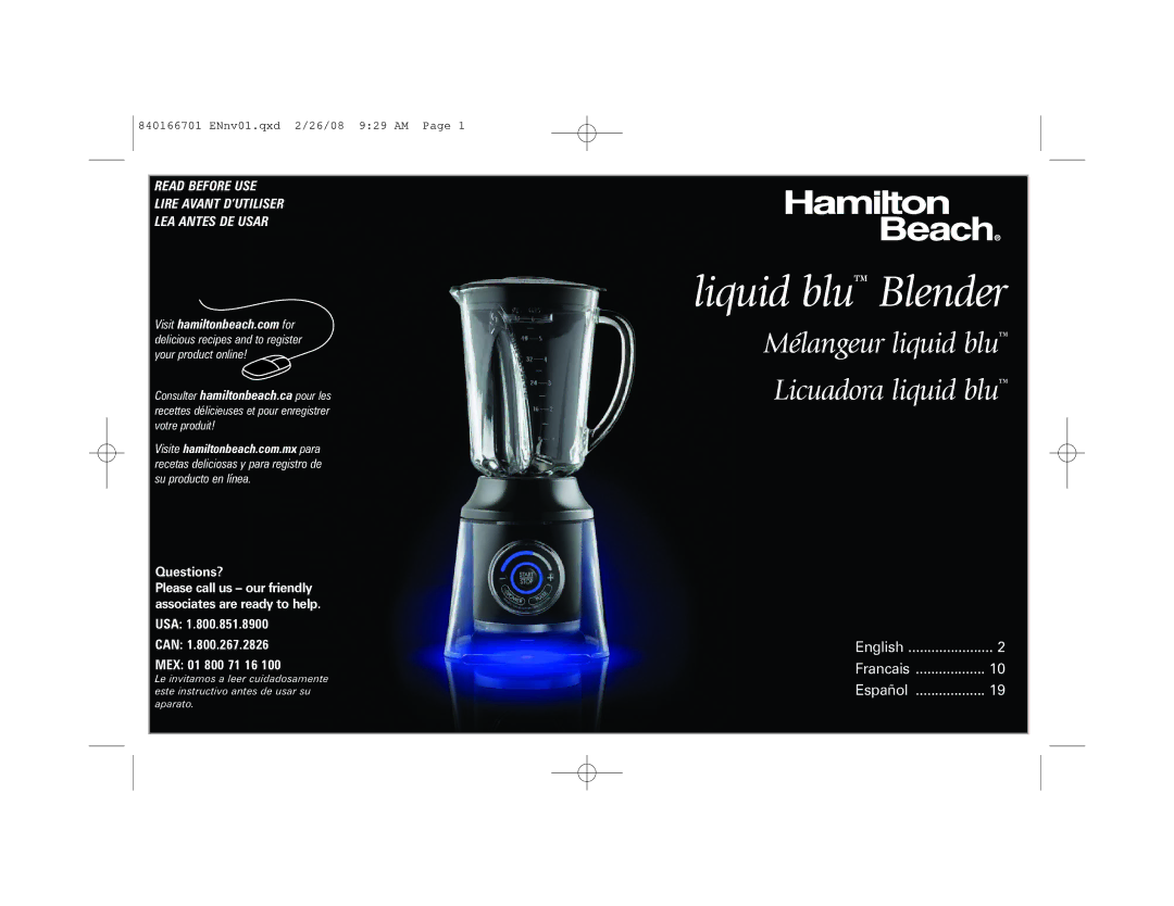 Hamilton Beach 59205C manual Liquid blu Blender 