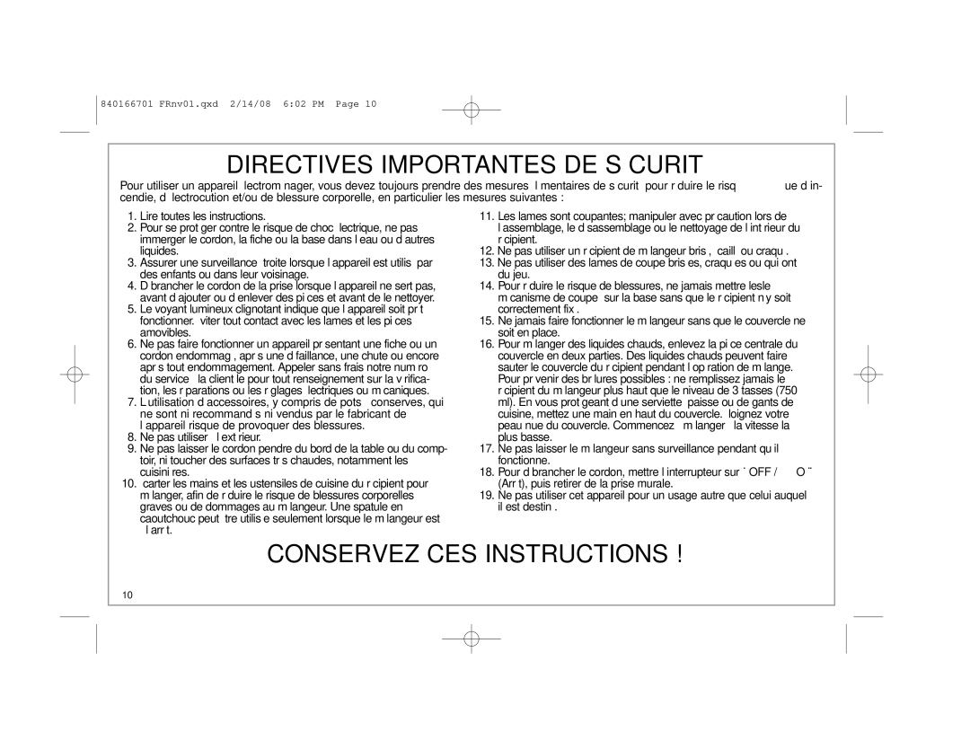 Hamilton Beach 59205C manual Directives Importantes DE Sécurité 