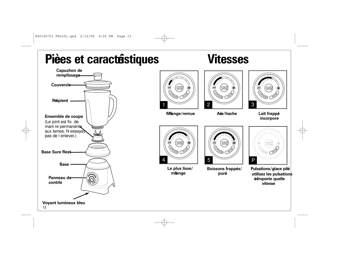 Hamilton Beach 59205C manual Pièces et caractéristiques, Vitesses 