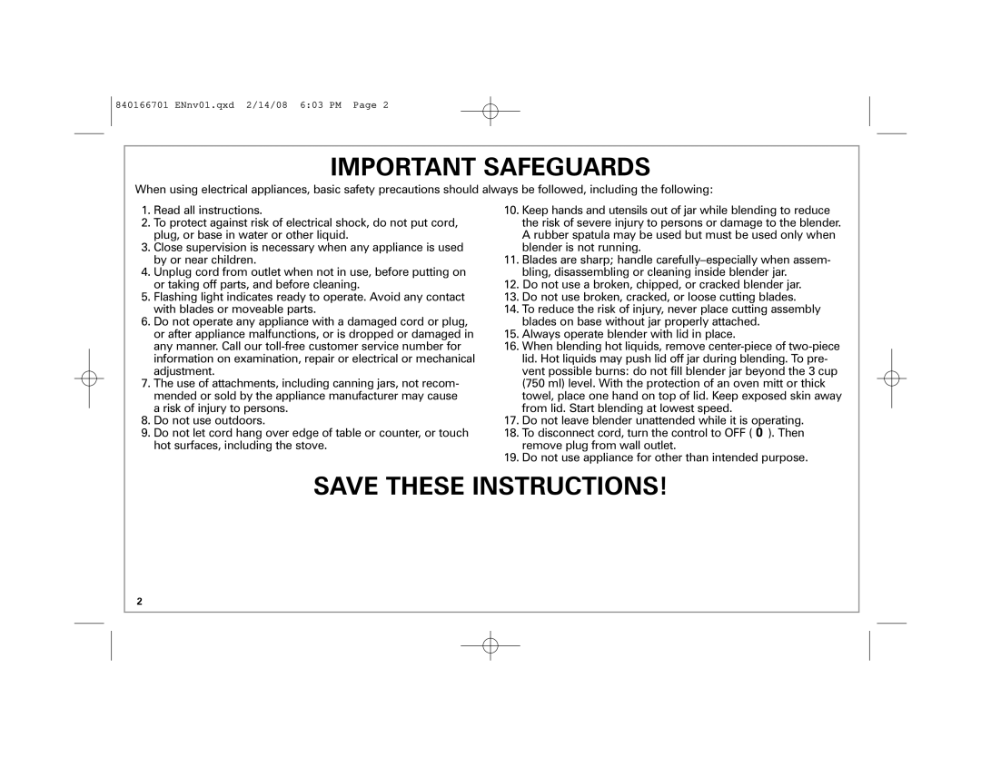 Hamilton Beach 59205C manual Important Safeguards 