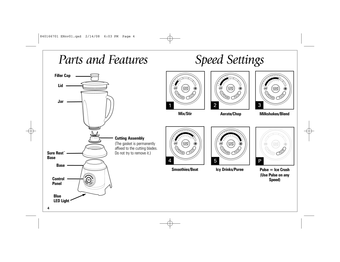 Hamilton Beach 59205C manual Parts and Features, Speed Settings 