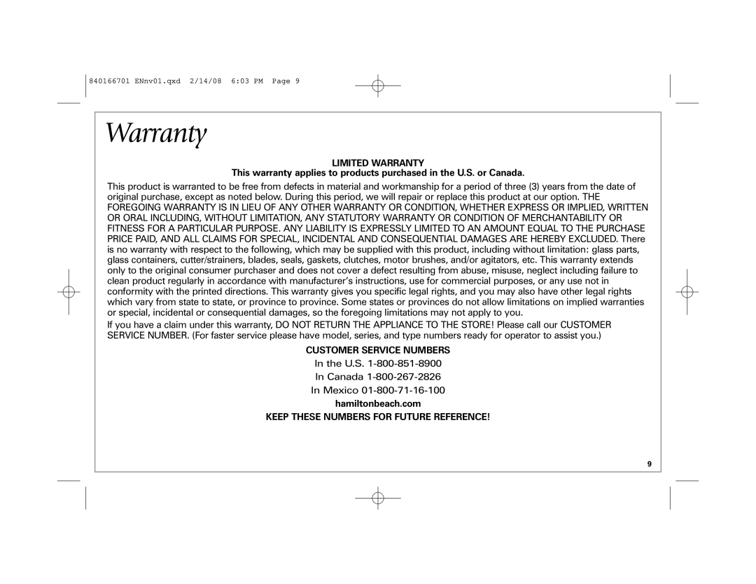 Hamilton Beach 59205C manual Limited Warranty, Customer Service Numbers, Keep These Numbers for Future Reference 