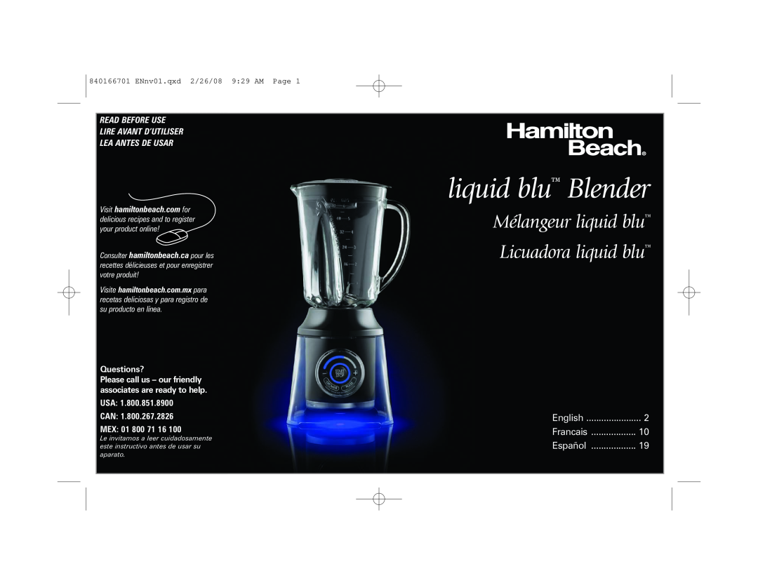 Hamilton Beach 59205C manual liquid blu Blender, Mélangeur liquid blu Licuadora liquid blu, Questions?, USA CAN MEX 01 