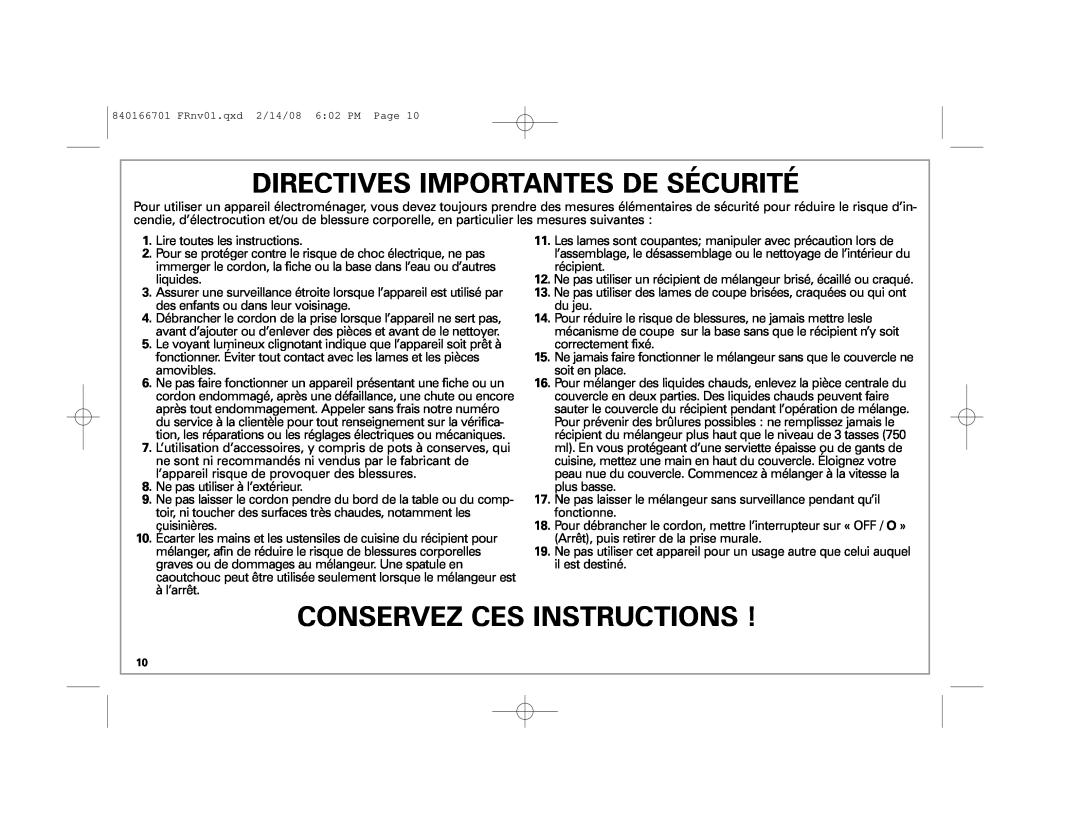 Hamilton Beach 59205C manual Directives Importantes De Sécurité, Conservez Ces Instructions 